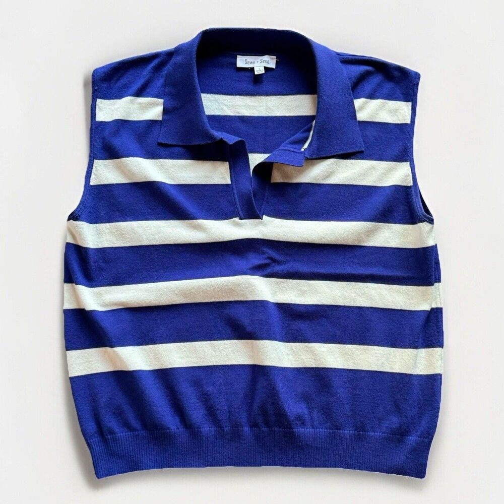 Sewn & Seen Womens Sleeveless Shirt Knit Top Size Large Royal Blue White Stripe
